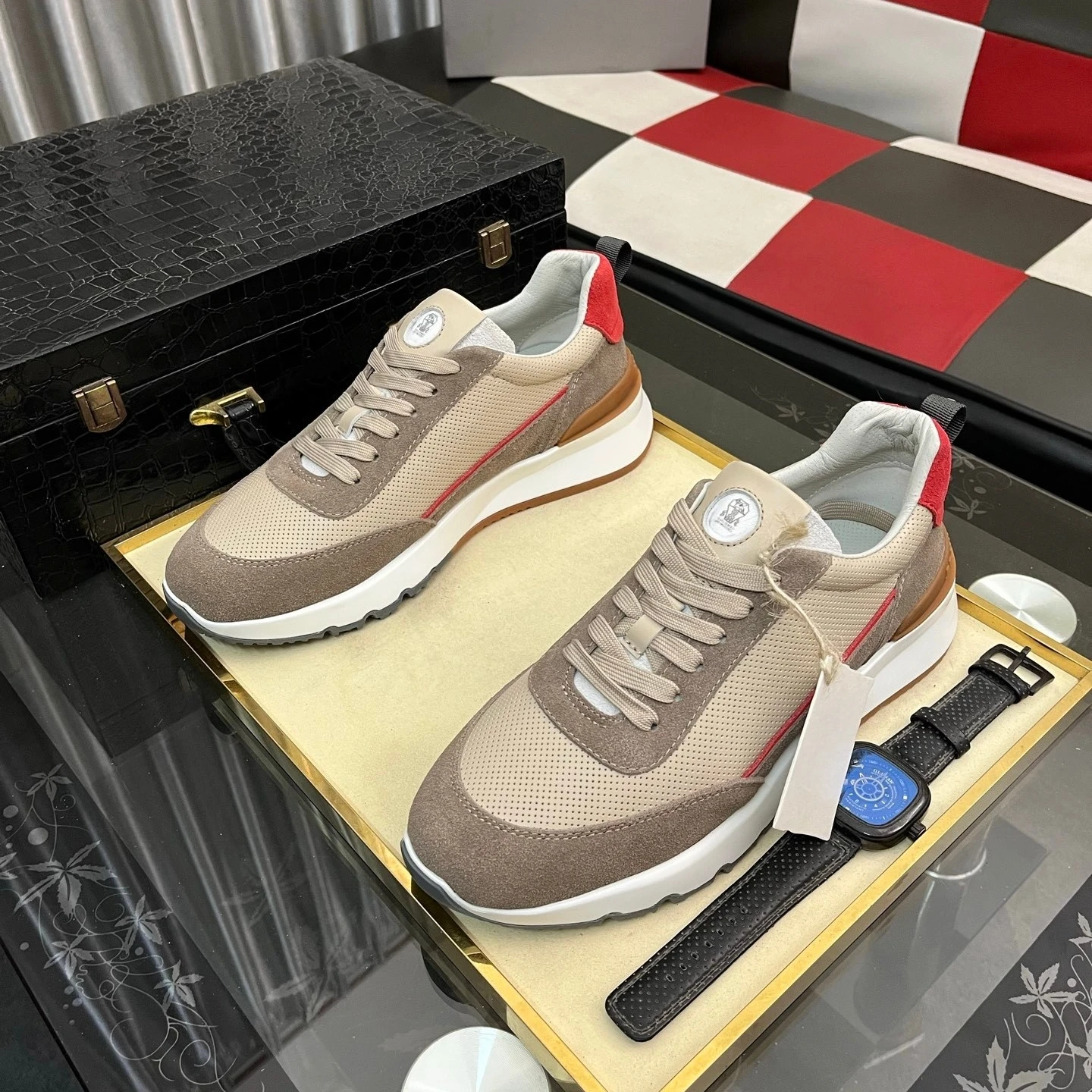 Luxe merk herenschoenen Handgemaakte casual sneakers Jacquard nylon stof met suède wandelschoenen, fietsschoenen, hardloopschoenen, vakantiegeschenken