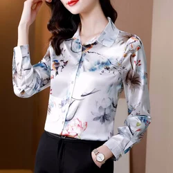 Women's Printed Long Sleeve Satin Shirts Fashion Women Blouse 2025 Office Lady Basic Tops Female Casual Clothing