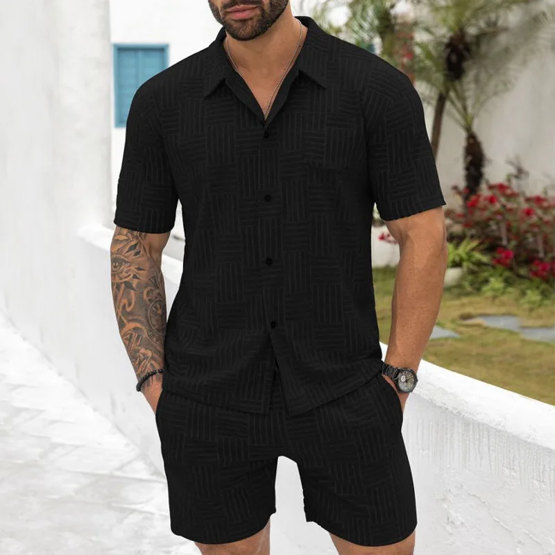 Men Fashion 2-piece Set Elegant Solid Color Jacquard Short Sleeve Cozy T-shirt Casual Elastic Waist Shorts Beach Party Wear