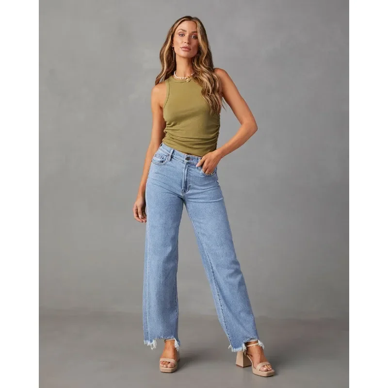 Blue High Waisted Jeans Women Raw Edge Streetwear Denim Pants Tassels Straight Leg Pants Wide Leg Pants Loose Casual Trouser