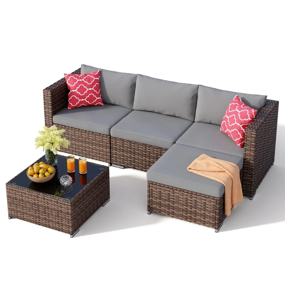 5 Piece Outdoor Wicker Sofa Set with Coffee Table PE Rattan Grey