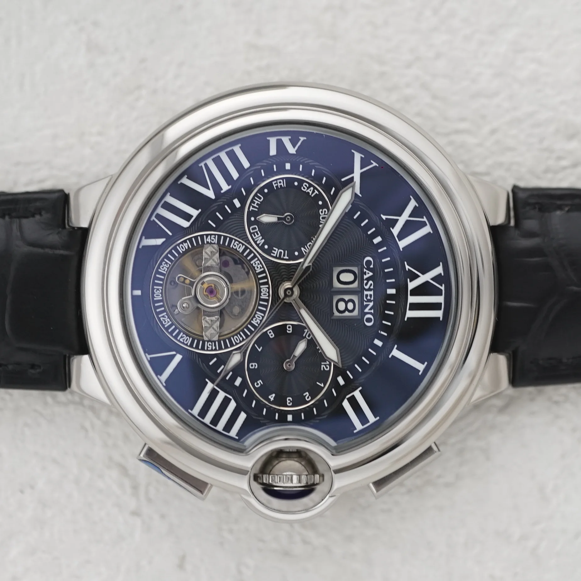 ساعة رجالية فاخرة مجوفة توربيون أوتوماتيكية ميكانيكية للرجال ساعة مقاومة للماء للتاريخ والأسبوع بحزام جلدي ساعات رجالية عصرية