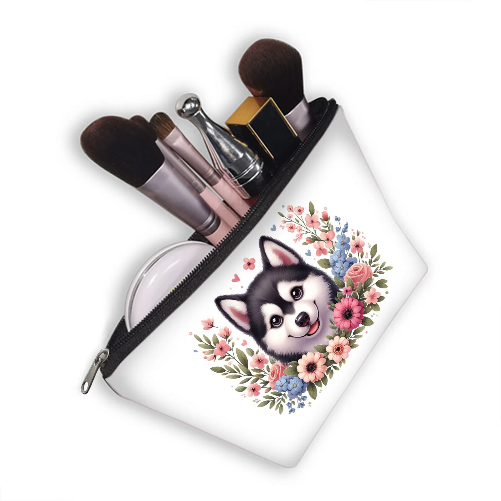 Flowers Puppy Dog Cosmetic Cases Floral Husky Schnauzer Maltese Corgi Dogs Makeup Bag Women Lipstick Storage Bags Toiletry Bag