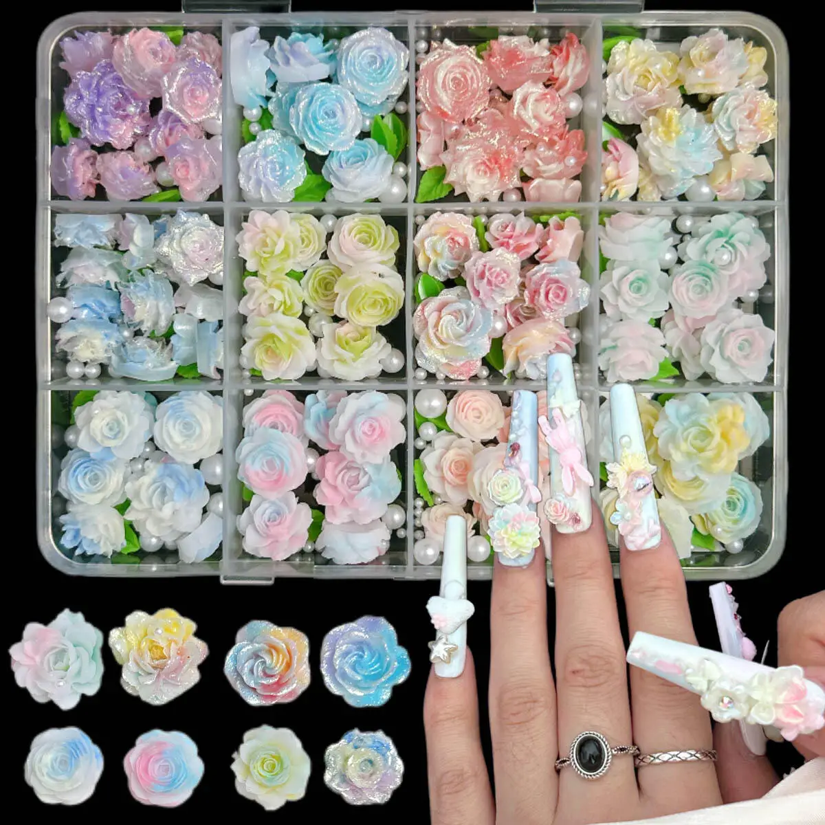 

1 Box Colorful Luminous Resin Soft Flower Nail Art Decorations Rose Mini Pearls and Leaves Mixed Nail Charms Manicure DIY Parts