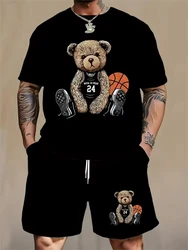 2025 Summer Daily Casual Men's Set Outdoor Sports Men's Beach Shorts Urban Fashion Bear Print Men's Short Sleeve T-shirt Lightwe