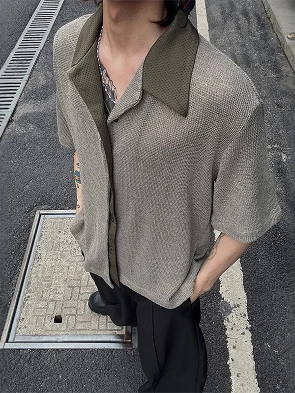 

American Sle Knitted ort Sve irt Men's Summer Fake Two-Piece Texture Sensation High-End Feeling Boy's Five-Point Coat