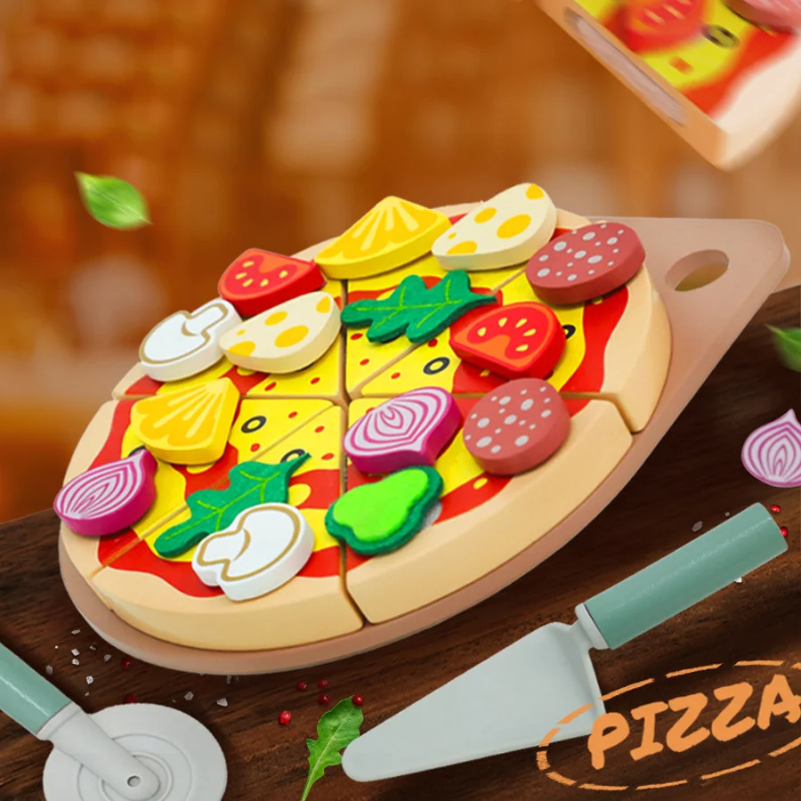 Juego de simulación de Pizza de madera para niños, casa de juegos, juguetes de corte, cocina educativa, juego de comida, fiesta