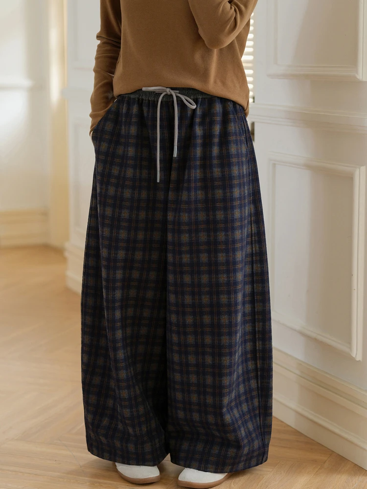 

Thiened Velvet Feels Woolen Plaid Wide Leg Pants Women's Pants 2026 Spring Autumn New Sle Can Yan Feng Casual Pants