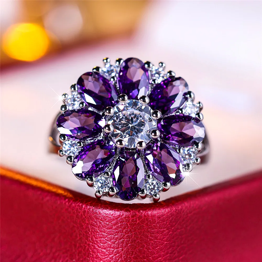Luxury Female Crystal Purple Zircon Stone Sun Flower Engagement Ring Vintage Silver Color Wedding Jewelry For Women