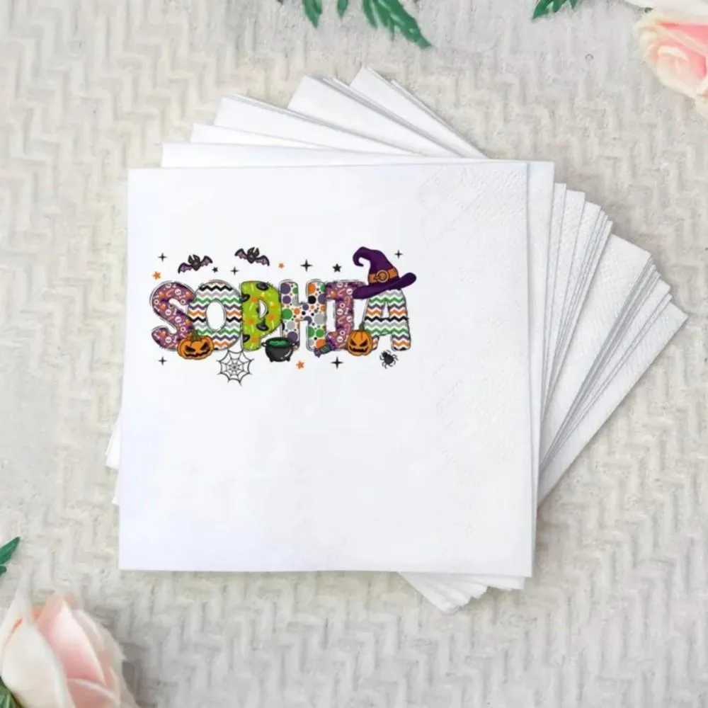 مناديل حفلات الهالوين، منديل اسم مخصص، ديكور الهالوين، احتفال الهالوين، مناديل اليقطين للهالوين، حفلة ساحرة للهالوين