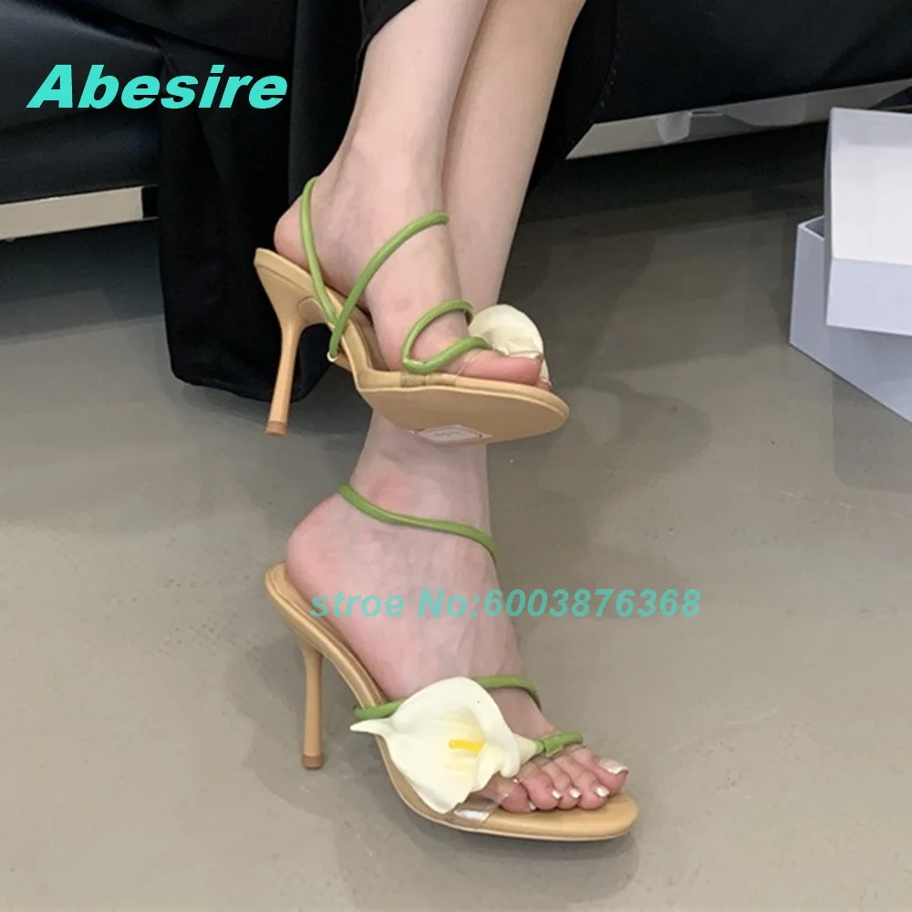 3D Floral One-Strap Patchwork Sandals Open Toe Thin Heels Mixed-Color Shoes for Women Fresh Vacation Style Fashion Shoes New