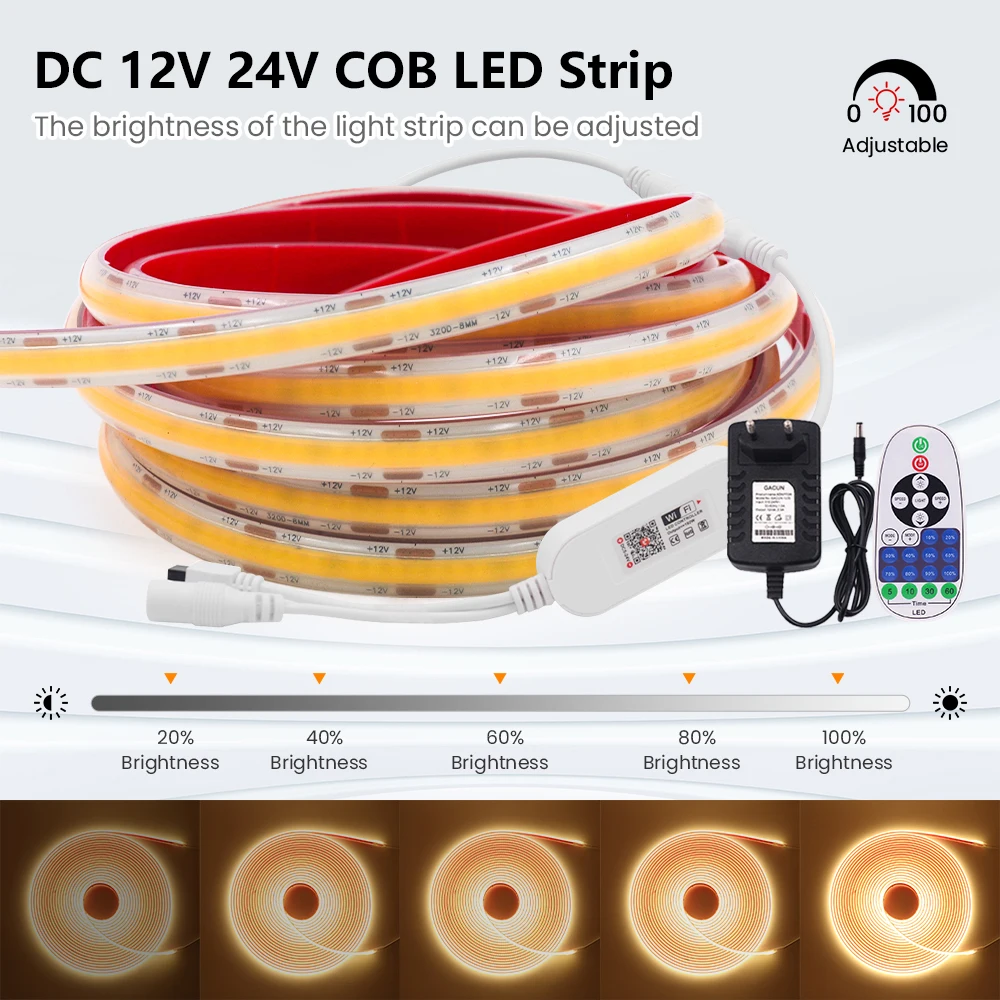 12V 24V COB LED Strip IP68 Waterproof 320LEDs/m High Density Flexible Tape Wifi Infrared Remote Control Power Kit for Home Decor