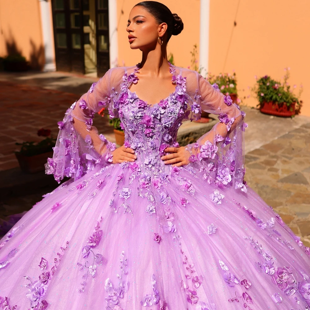 Purple Sequins Pearls Quinceanera Ball Gown Elegant Appliques 3D Flower Prom Dresses Luxury Customized Sweet 16 Dress Vestidos