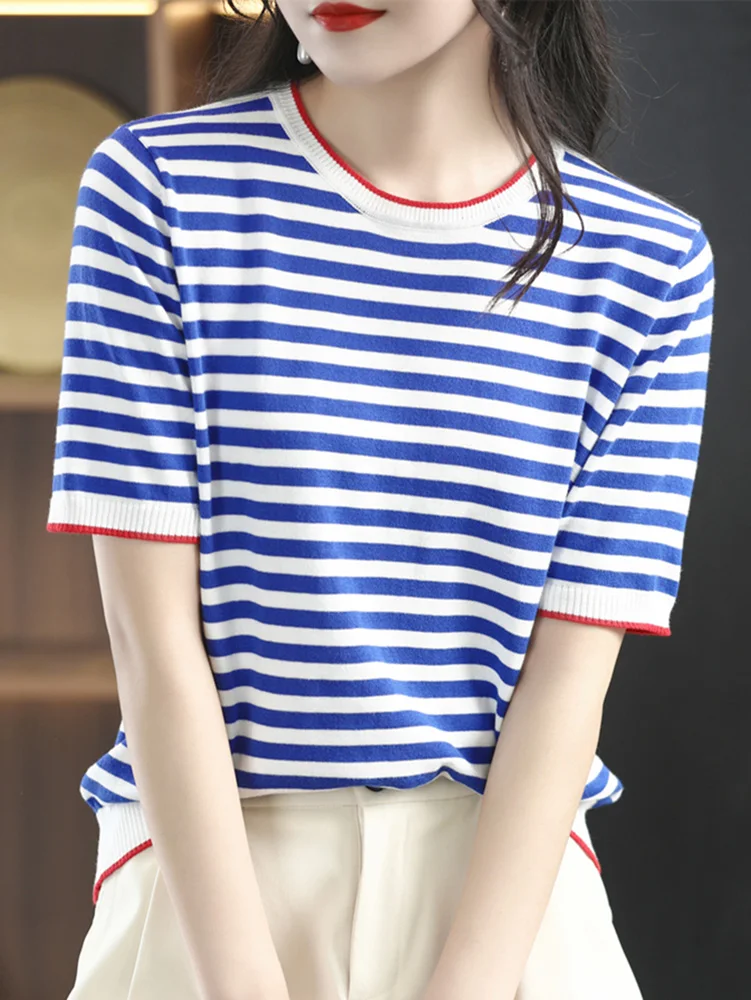 O Neck Gestreiften T-shirts Gestrickte Frauen Casual T-shirt Kurzarm Dünne Tees Frau Koreanische Mode Kleidung 2025, Sommer Neue Tops