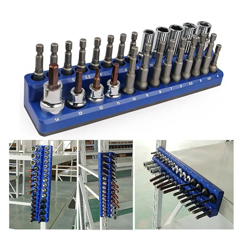 1pcs Blue Magnetic Sockets Storage Rack 1/4In 3/8In 1/2In Plastic Socket Display Holder Kit Professional Metric Tools Organizer
