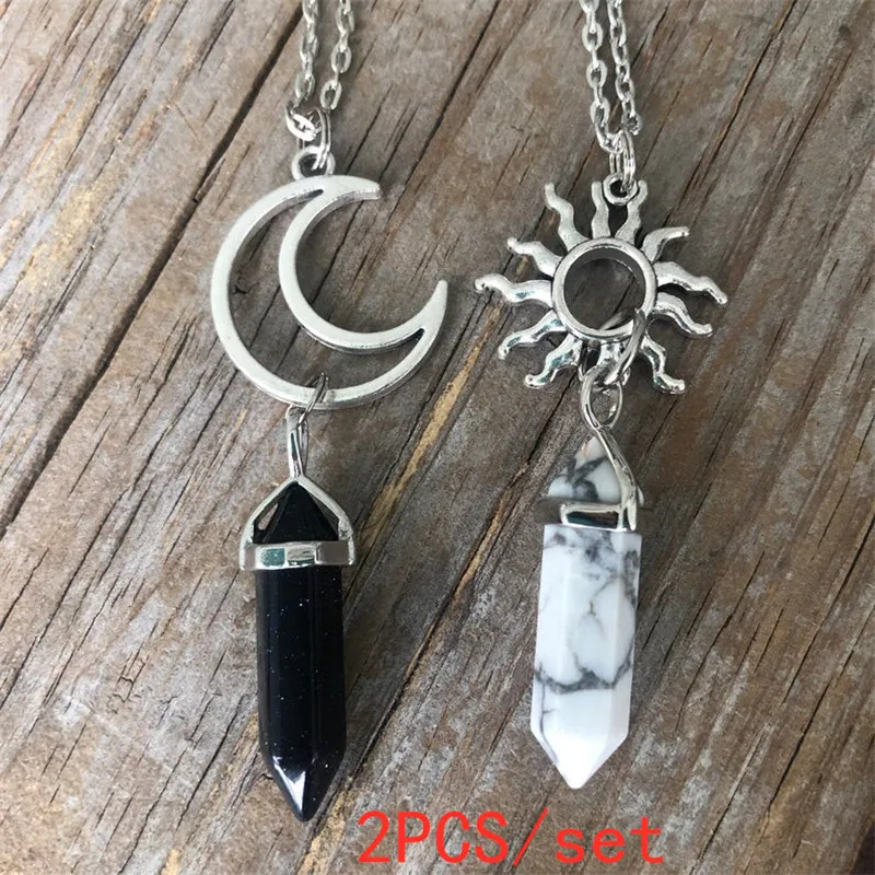 2pcs Vintage Sun Moon Natural Stone Hexagon Column Crystal Couple Jewelry Necklace Women Charm Accessories Pendant Gift