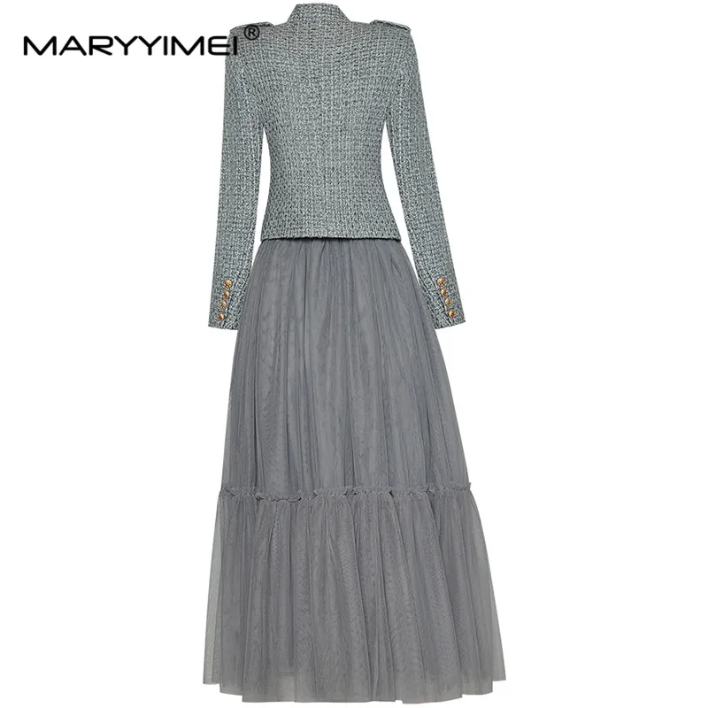 MARYYIMEI Designer Autumn Winter Skirts Suit Women Stand CollarSingle-breasted Tweed Jacket+Elastic Waist Mesh Skirt 2 Piece Set