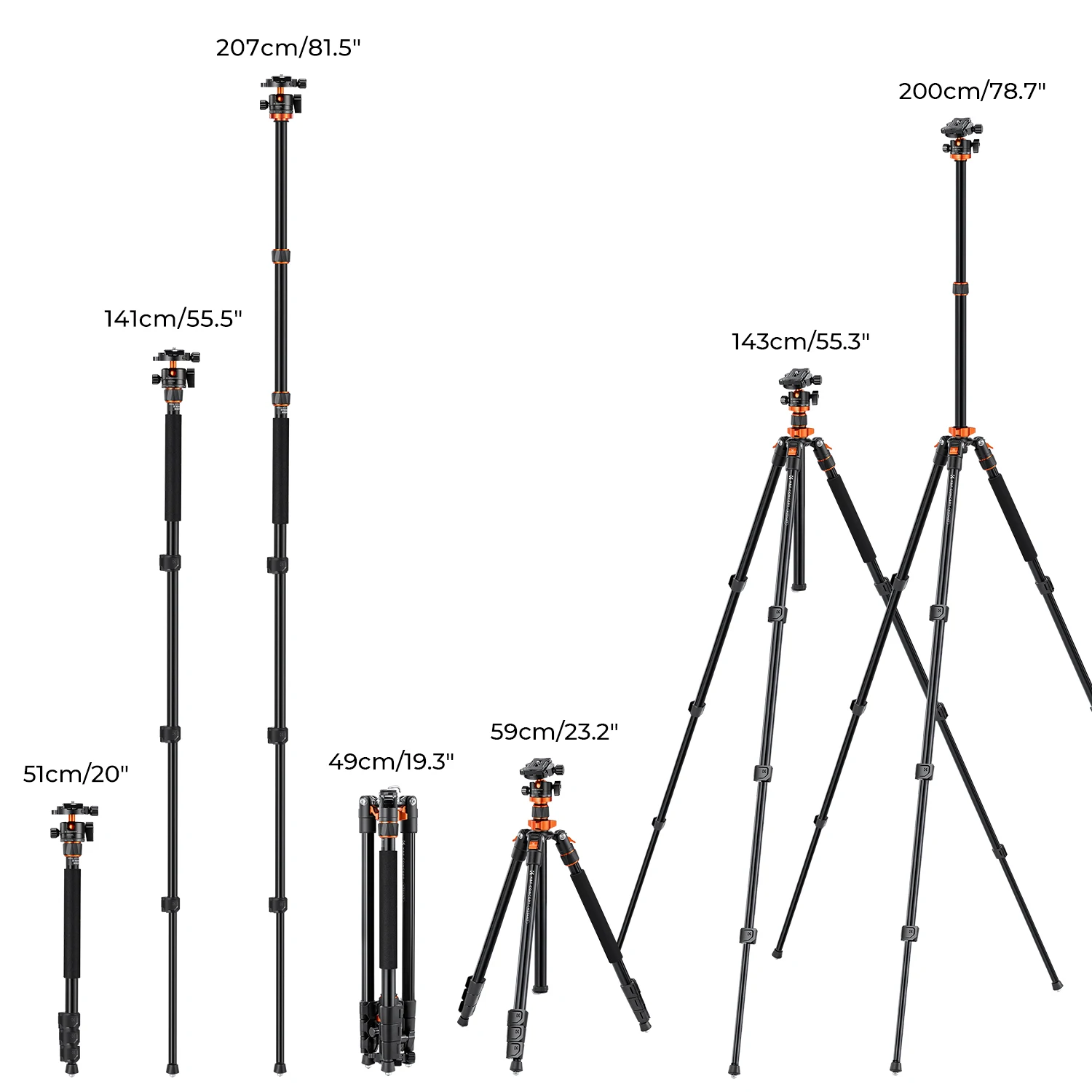K&F Concept 78 inch DSLR Camera Tripod 22lbs/10kg Load Capacity Magnesium Alloy Rotatable MultiAngle Center Column Camera Tripod