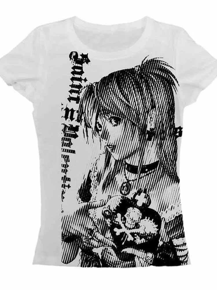 Gothic Vertical Print English Anime Girl Short Sleeve T-Shirt Dark Gothic Style Regular Fit Cinched Waist