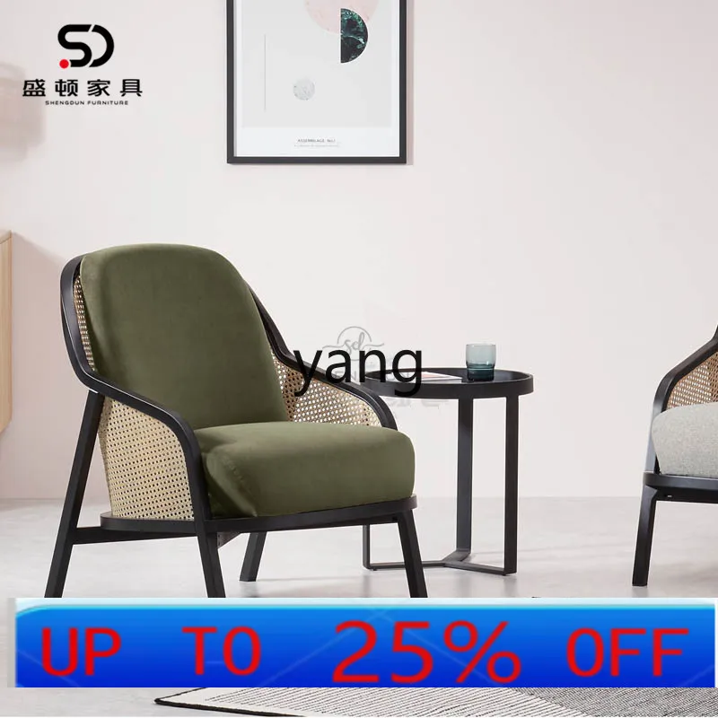 LH  New Chinese-style rattan solid wood fabric single chair B & B cafe leisure chair