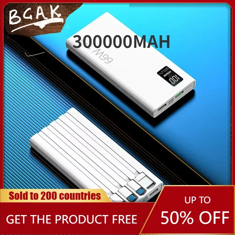 Hot New Style BCAK 30000mAh 66W Fast Charging with Built-in Cable, Power Bank, Large Capacity Mobile Power Supply Gift Wholesale