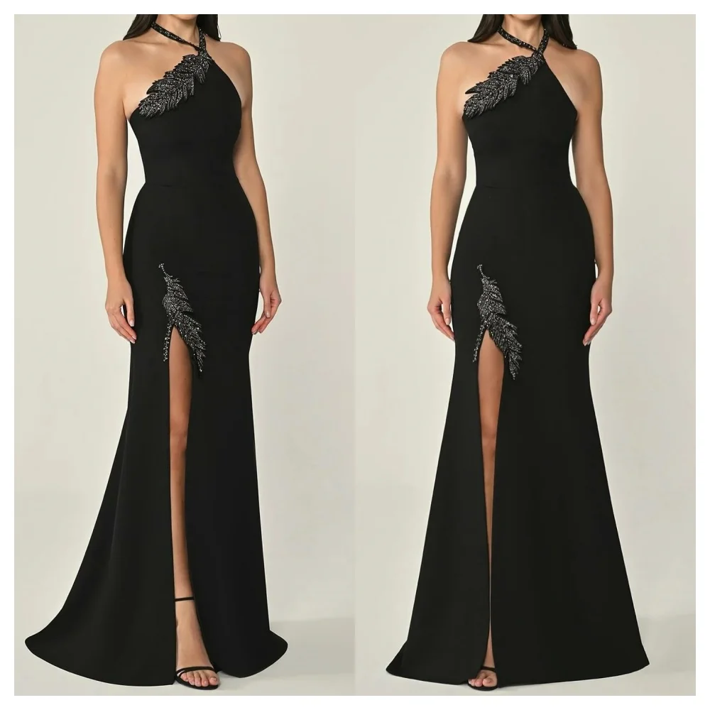 

CustomizedCustomized Elegant Black Jersey Party Dress Exquisite Halter Sleeveless Party Dress High Quality Floor Length Celebrit