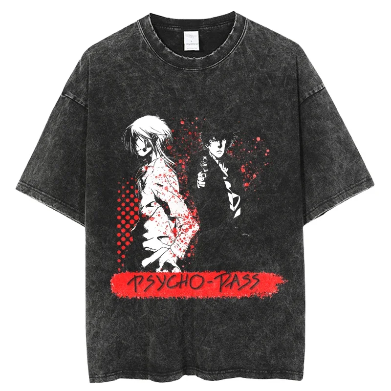 Punk Psycho Pass Mens Black Vintage Tshirt Anime Graphic Print Washed TShirt Hip Hop Summer Short