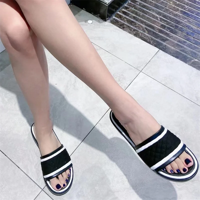 Round Toes Shoes for Ladies Mixed Colors Slippers Square Low Heels Grid Sabdalias Femme Pantuflas Weave Zapatos Mujer Chaussure