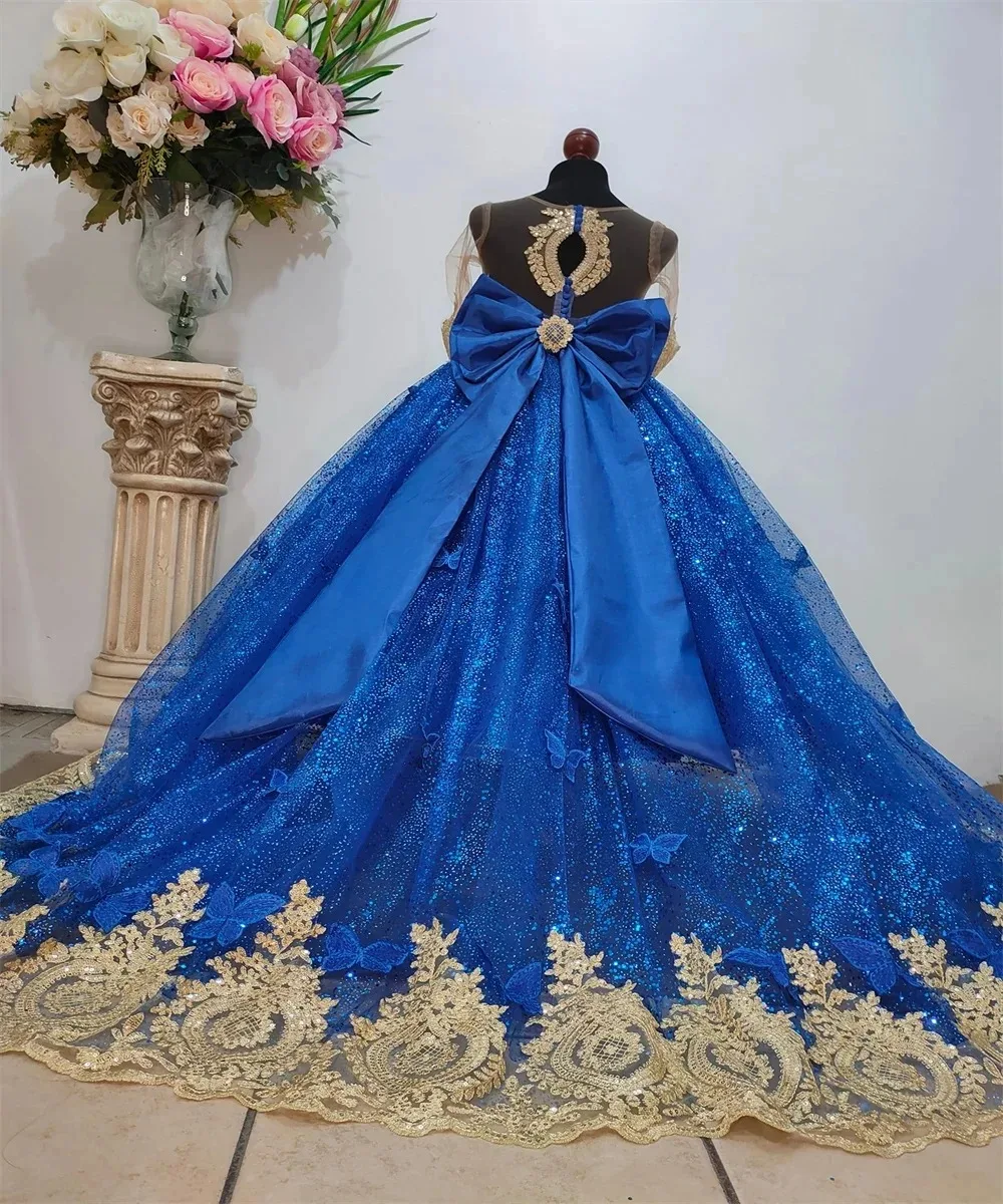 

Customized Royal Blue Flower Girl Dress For Wedding Butterfly Lace Appliques Kids Birthday Party First Communion Ball Gowns