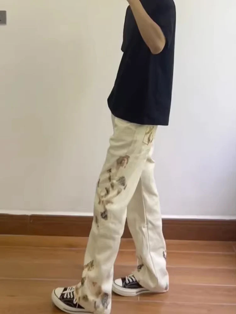 

White Lace Splicing Men's Jeans High Street American Vibe Straight Leg Micro Flared Pants High-End Feeling Trousers