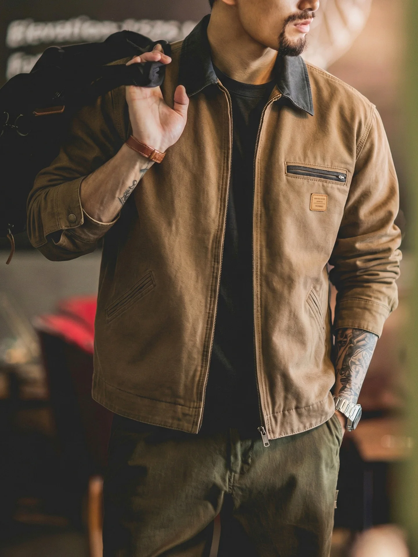 

Spring 2026 Detroit Workwear Jacket Men's American Hunting Coat Khaki Collar Casual Top Trendy Loose Fit Zipper Decorated