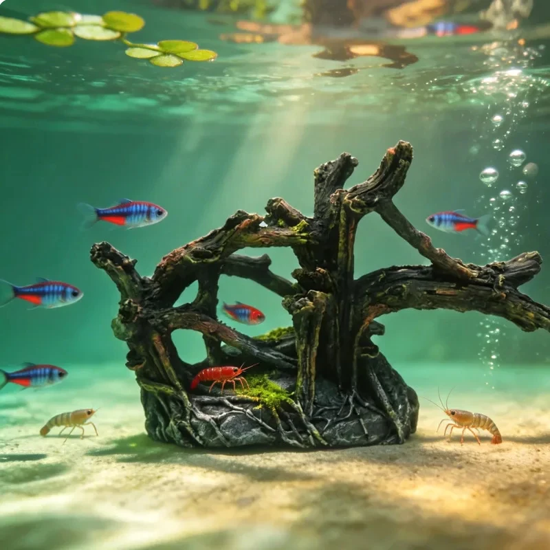 Artificial Aquarium Driftwood Tree Root Fish Shrimp Hiding Cave Resin Ornament Fish Tank Landscape Decor