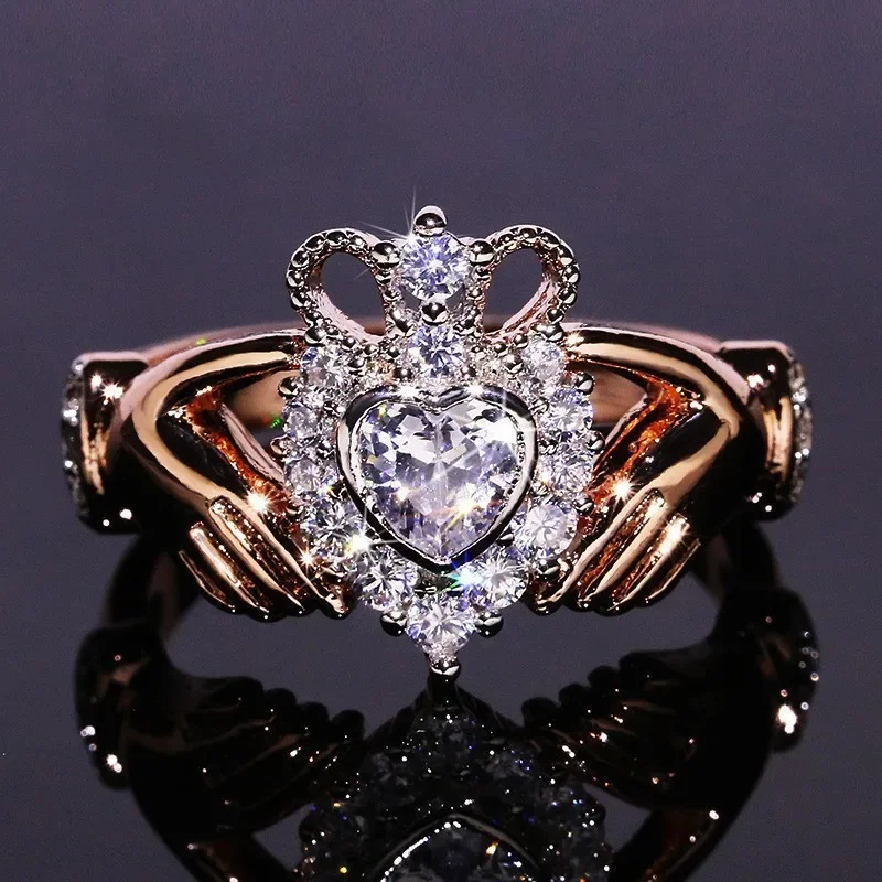 Copper inlaid diamond zircon sapphire heart ring oval flower engagement female jewelry