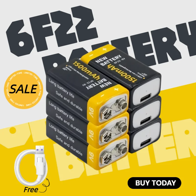 

New USB Type-C 9V 6F22 1500mAh Li-ion Battery Rechargeable Lithium Battery For Remote Control Toys Dropshipping