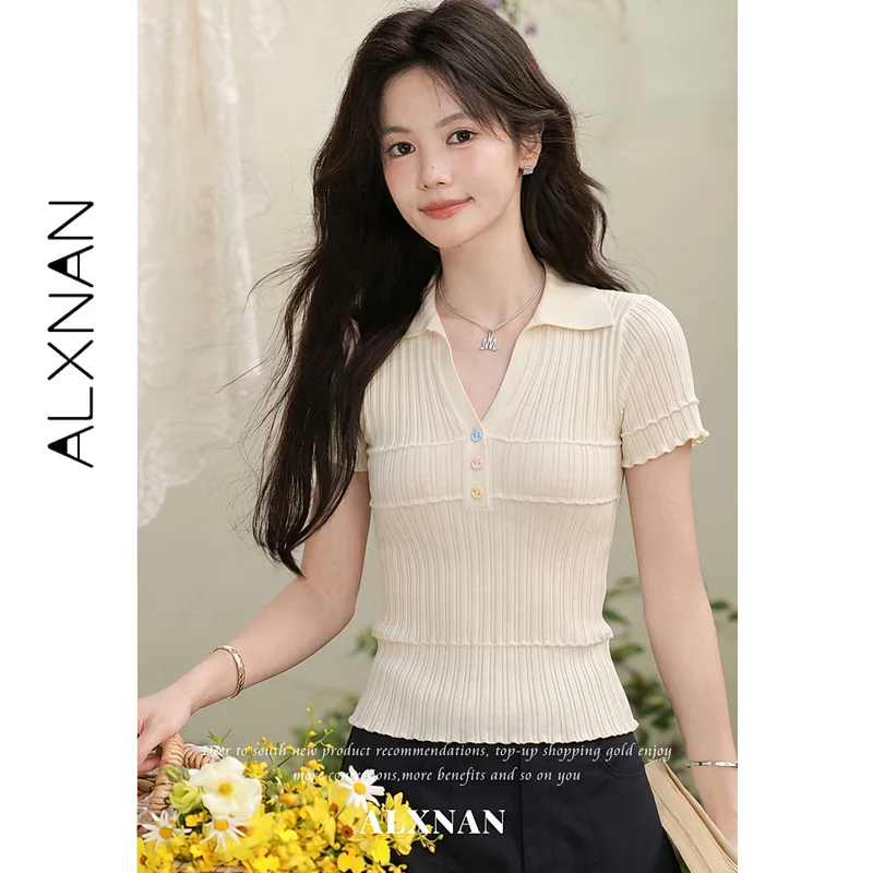 ALXNAN Women's Apricot Pullover Polo Lapel Half Placket V-neck With Macaron Contrast Color Buttons Design Female Tops L670180A