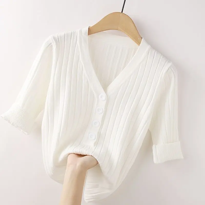 Summer Clothing Women Tee Shirt Casual Thin Ice Silk Knit V-Neck Vest Short Sleeve Korean Fashion Sweater  Camisetas Mujer