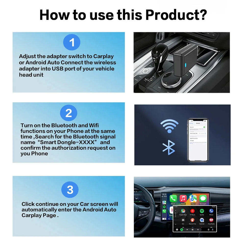 MRSVI 2-in-1 Kabelloser CarPlay-Adapter Kabelgebunden zu Kabellos Dongle für Apple & Android Auto Plug-and-Play Universelles Auto-Zubehör – Detail 9