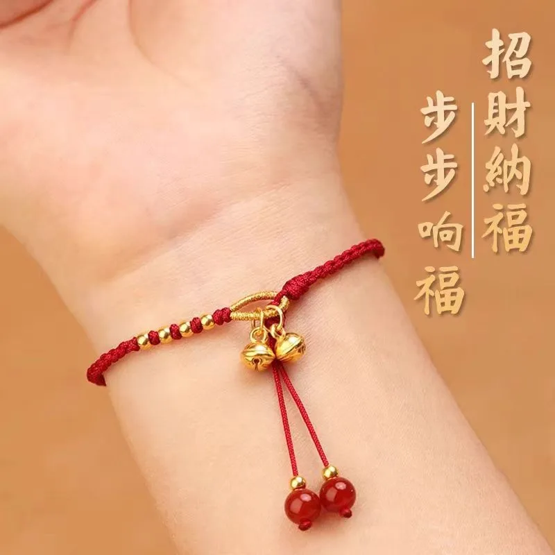 Ethnic Style Red String Bell Charm Bracelet for Women\'s Retro Handmade Niche Personality Accessories