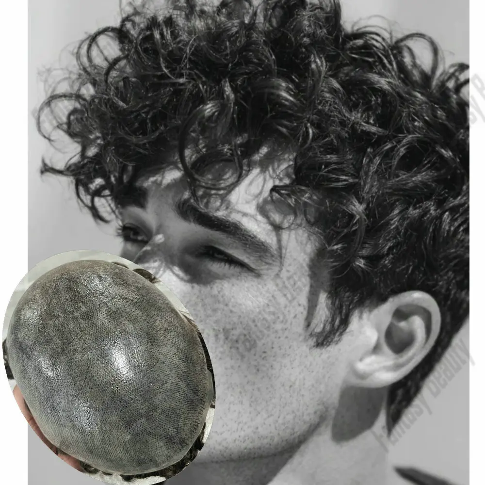 

Men's 20MM European Human Hair Curly Toupee Black Grey 1B20 Full PU Skin Base 0.1mm Strong Base Hair Prosthesis Patch System