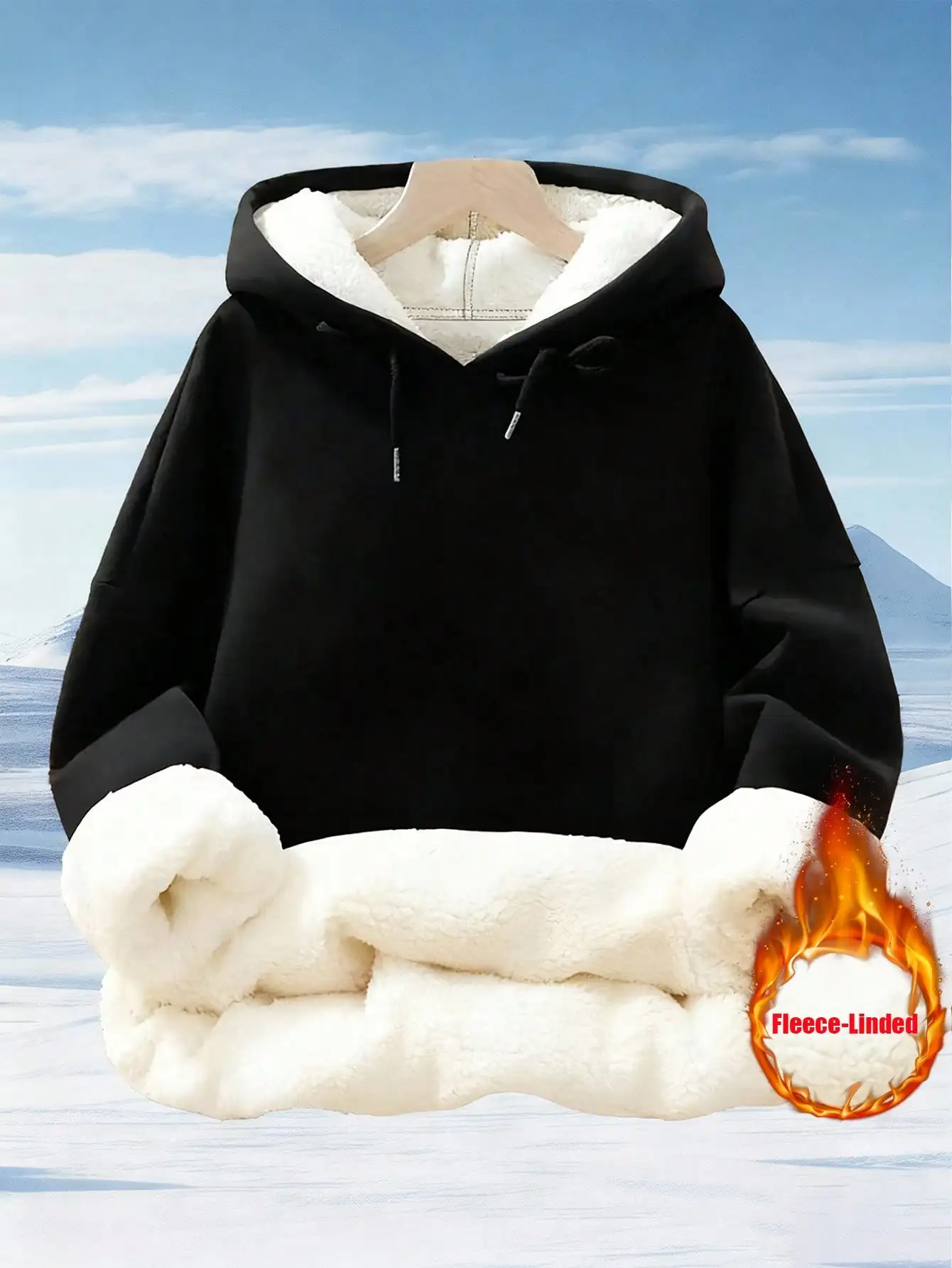 Women's Fleece-Lined Black Hoodie, Cozy Winter Pullover with Drawstring Hood & Pocket for Casual Daily Wear