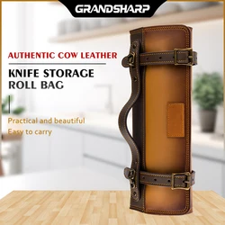 Grandsharp Authentic Cow Leather Knife Storage Roll Bag Waterproof Foldable Chef Roll Bag Durable Carry Case Chef Knife Bag