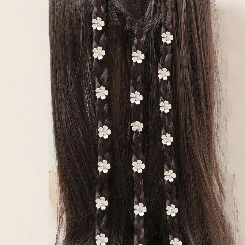 10Pcs Rhinestone Flower Decor Hair Ring for Women Sweet White Petal Hair Braid Rings Clips Hair Braiding Metal Cuffs Decorati - Detail 1