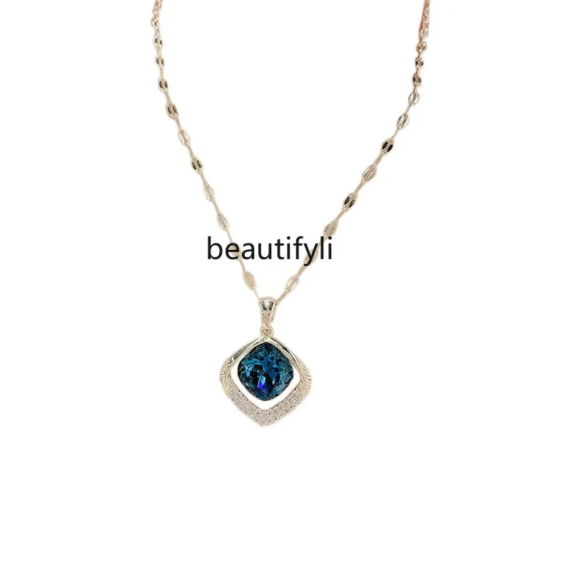 Light luxury fashion design sense blue crystal sterling silver needle necklace femininity short collarbone chain neck chain