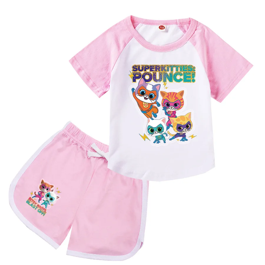 

Popular Superkitties Clothes Set Baby Kids Sports Clothing for Girls Short Sleeve Tops+shorts 2pcs Sets Children Cartoon Clothes