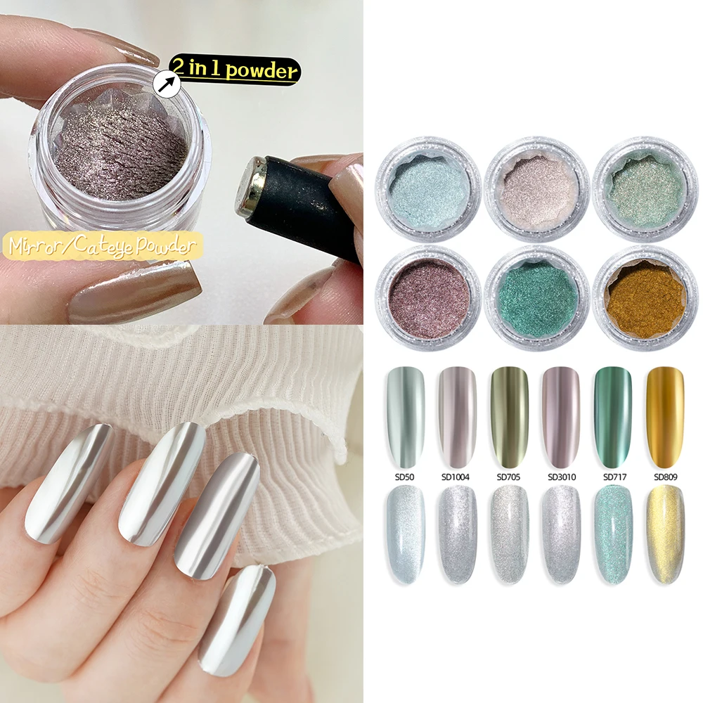 Chrome Nail Powder Kit with White Pearl Metallic Holographic Pigment D Cat Eye Design Body Glitter and Nail Art Set