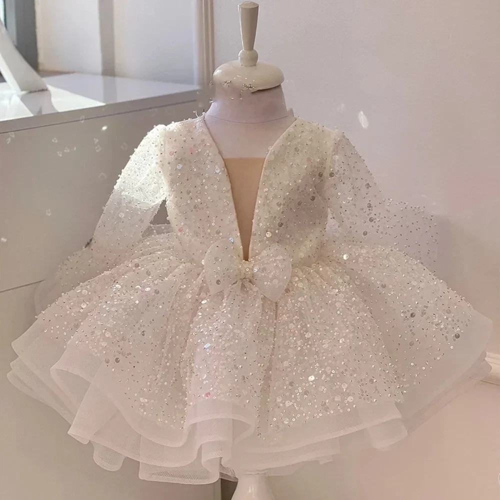 Mini abiti da ragazza con paillettes lucide Moda scollo a V maniche lunghe pieghe increspate abiti da ballo corti abiti da spettacolo per feste casual per bambini