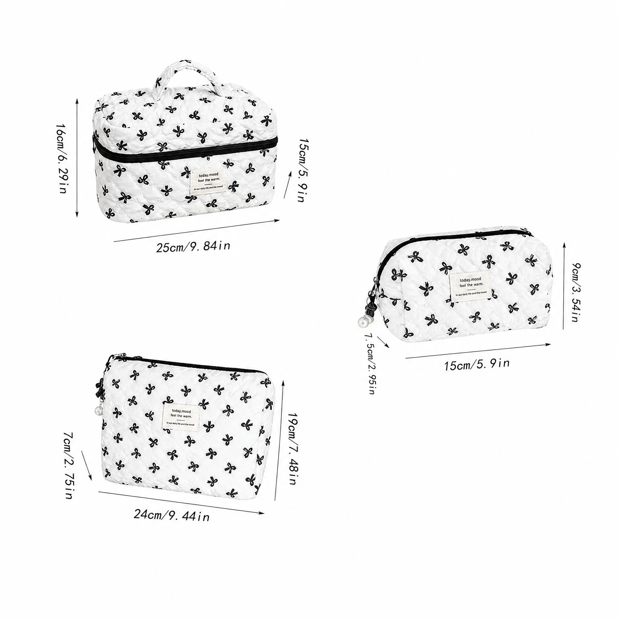 White Wrinkled Fabric Black Bow Print Quilted Cosmetic Bag Multiple Sizes Available Pearl Zipper Charm Girls Travel Portable Mak