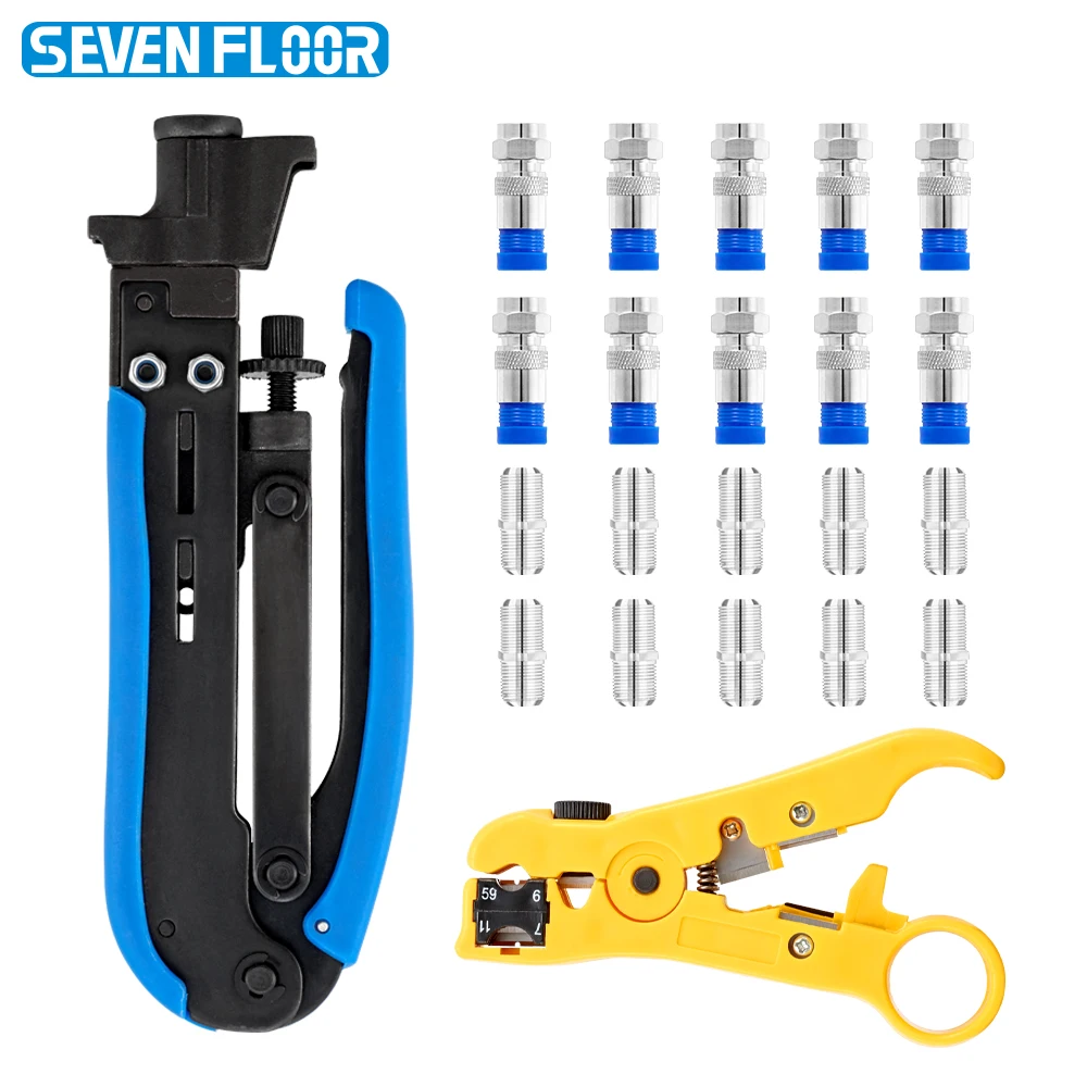 Compression Coax Crimper Tool Kit for RG6 RG59 RG11 Wire Stripper 20PCS RG6 Coaxial Connectors for Satellite TV CCTV