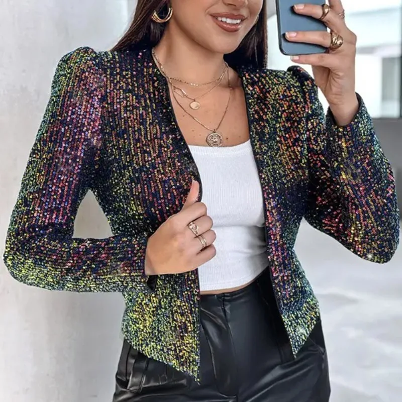 Sequin Coat for Women Autumn 2026 New Fashion Allover Leopard Print Puff Sleeve Open Front Slim Fit Casual Crop Jacket