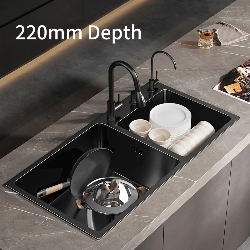 Nano Black Large Undermount Multi Function Double Bowl Modern Smart Stainless Steel Kitchen Sink